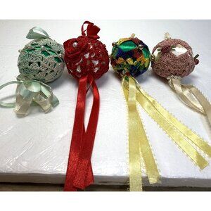 Set Of 4 Handmade Crochet Push Pin Ornaments With Ribbon Tassels  Beaded Accents
